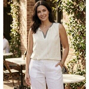 NIC+ZOE Beige Boho Chic 100% Linen Embroidered Sleeveless Tassel Blouse Size XL